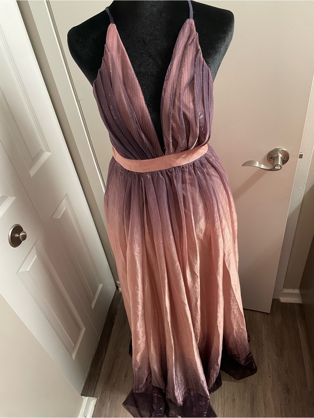 AKIRA Pink to Purple Ombre Plunging Maxi Dress.